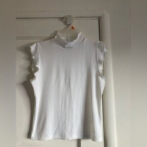 White Ribbed Blouse with Ruffled Mandarin Collar